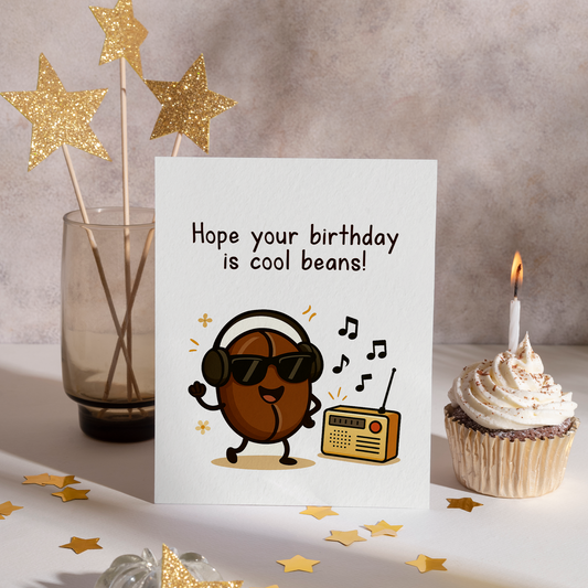 Funny birthday greeting card with a cartoon coffee bean character enjoying music and dancing happily. The cute design and pun phrase make it perfect for coffee lovers and lighthearted celebrations.