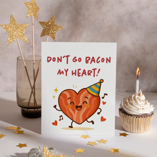 Adorable food-themed card showing a cartoon bacon heart dancing with musical notes and hearts. The cheerful design makes it perfect for Valentine’s Day or romantic occasions.