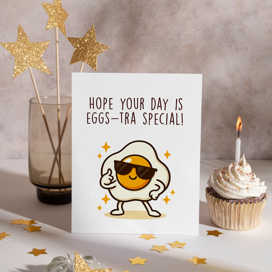 Cute illustrated card showing a cool egg character with sunglasses and a thumbs-up pose. The bright yellow yolk and bold pun make this card feel upbeat and celebratory.