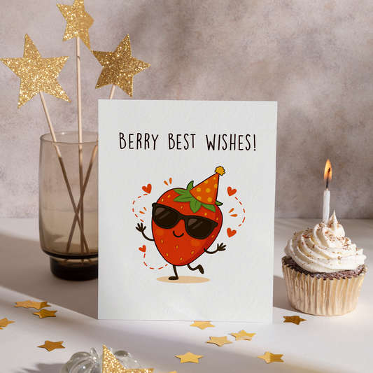 Adorable berry-themed greeting card showing a happy strawberry character dancing with heart accents on a white background. The cheerful design makes it perfect for birthdays or positive messages.