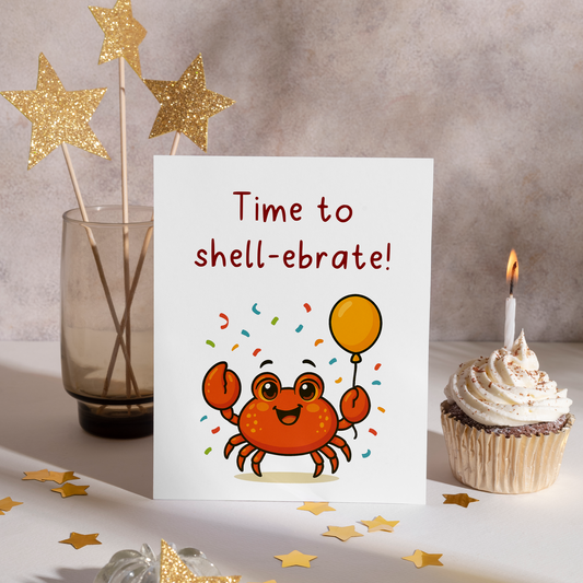 Playful cartoon crab celebrating birthday