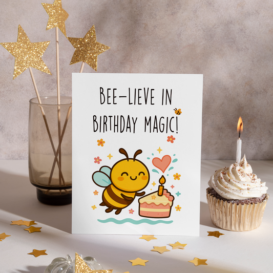 Whimsical birthday greeting card featuring a happy bee celebrating with a candle-topped cake and floating heart on a white background. The cheerful design feels warm, cute, and perfect for joyful birthday wishes.