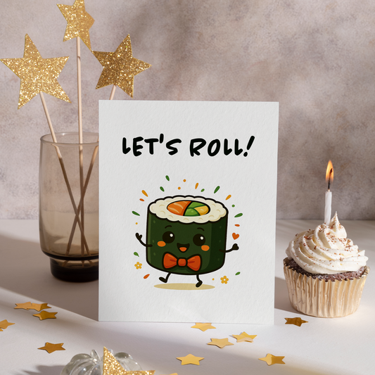 Adorable sushi-themed greeting card showing a happy sushi roll with bright colors and a fun expression. The design feels lighthearted and joyful, making it a great birthday or celebration card for food lovers.