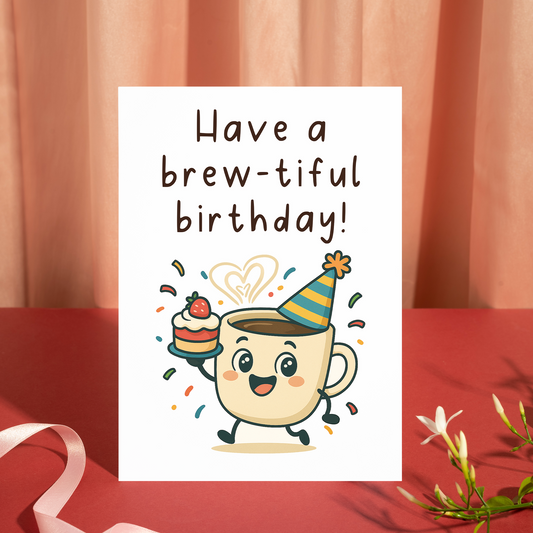 Funny coffee themed birthday greeting card illustration