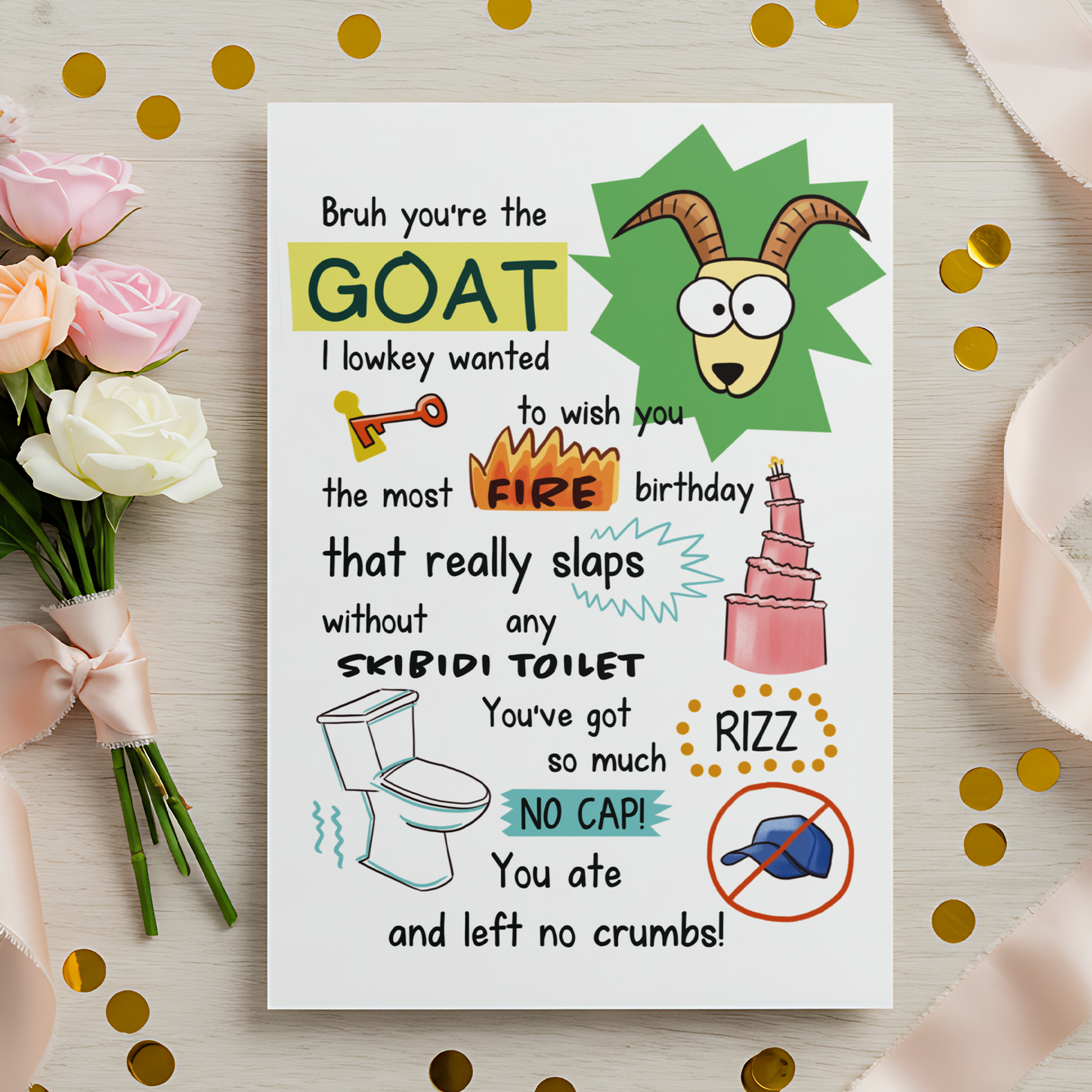 Modern birthday card with quirky illustrations including a goat, cake, and icons. Perfect for celebrating someone with confidence, humor, and big personality.