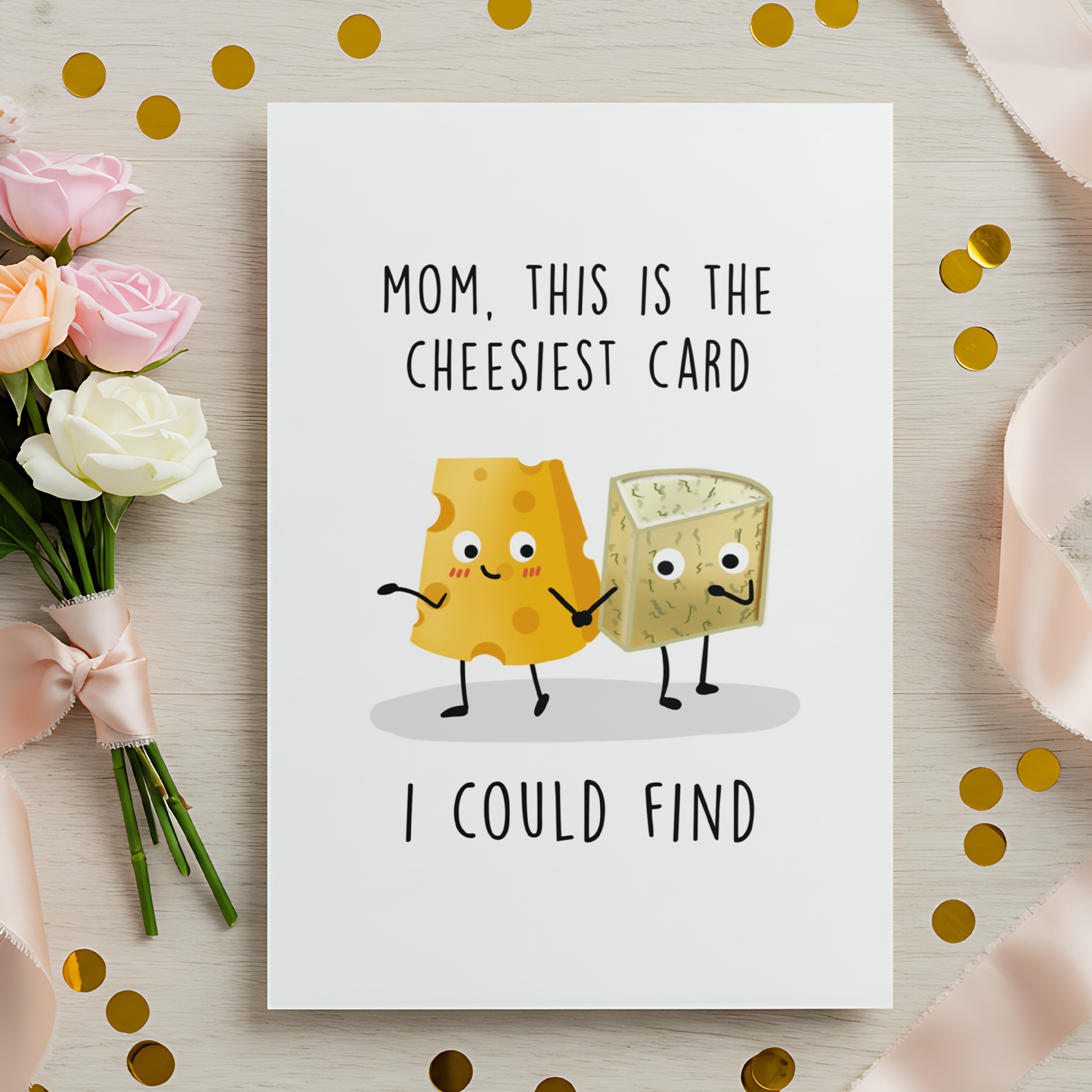 Playful mom greeting card featuring cartoon cheese illustrations and a cheesy message. Ideal for customers looking for a fun and unique card for mom.