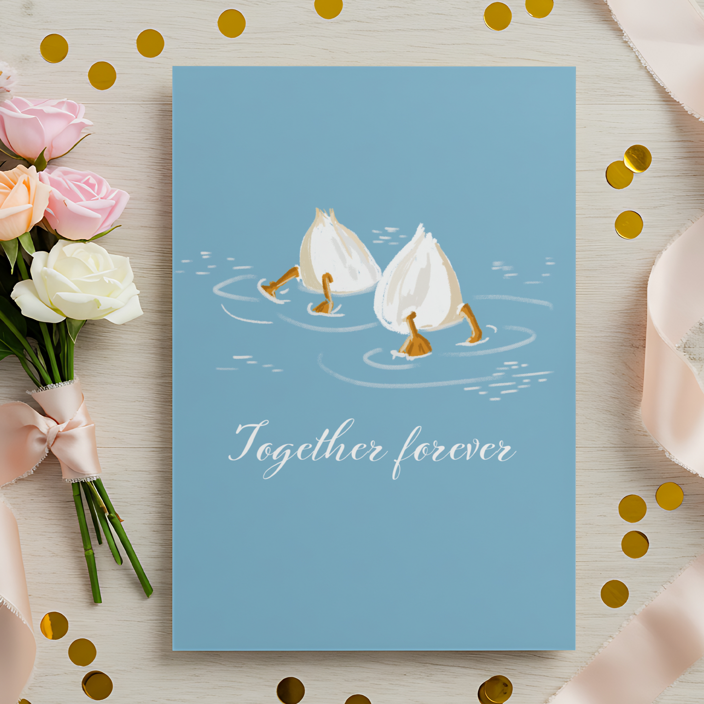 Romantic illustrated card with pastel colors showing two garlic characters symbolizing partnership and lasting love. Perfect for anniversaries, weddings, or thoughtful everyday gifting.