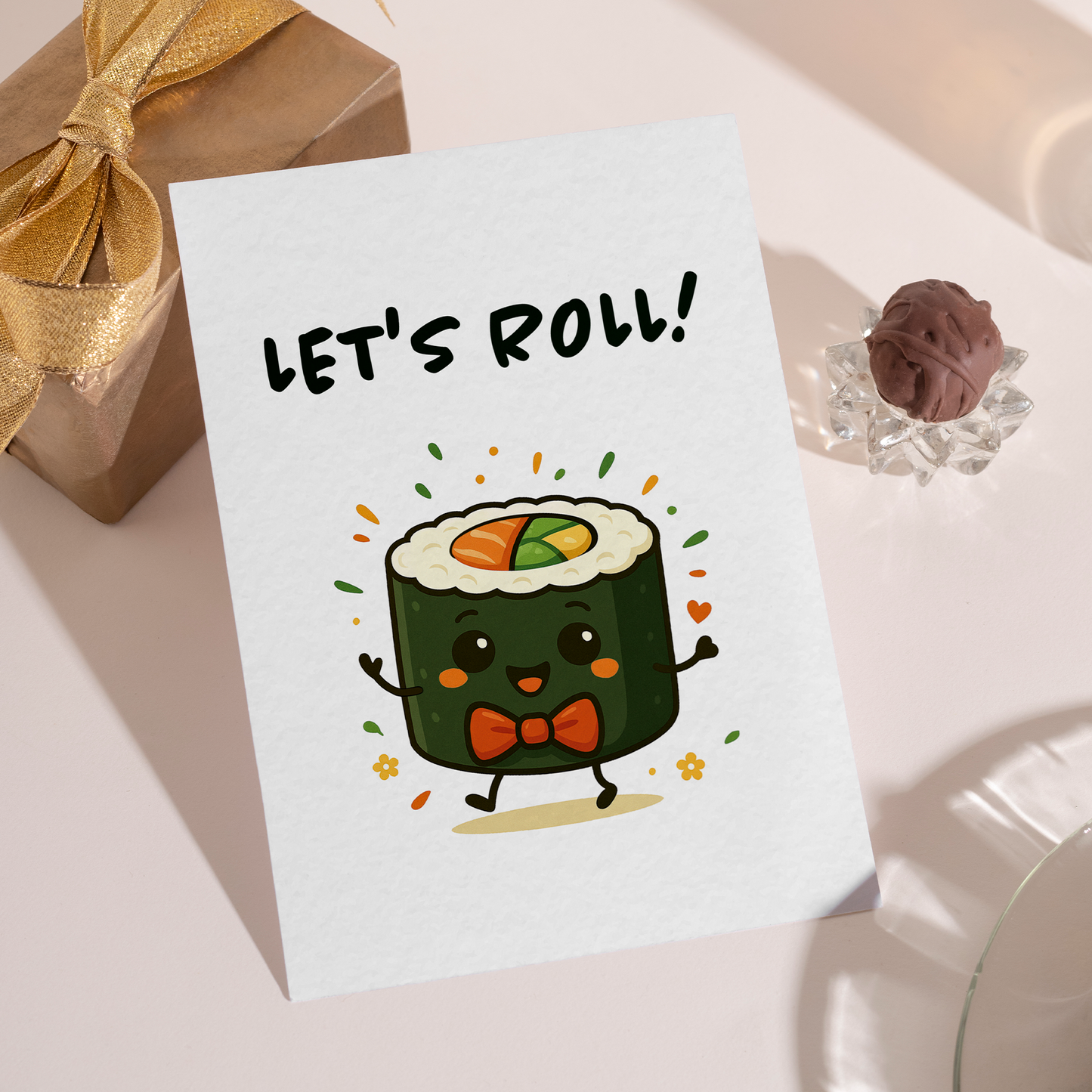 Playful sushi illustration greeting card with the text “Let’s Roll!” and a charming cartoon style. The design is cheerful and fun, ideal for sending positive vibes, birthday wishes, or casual celebrations.