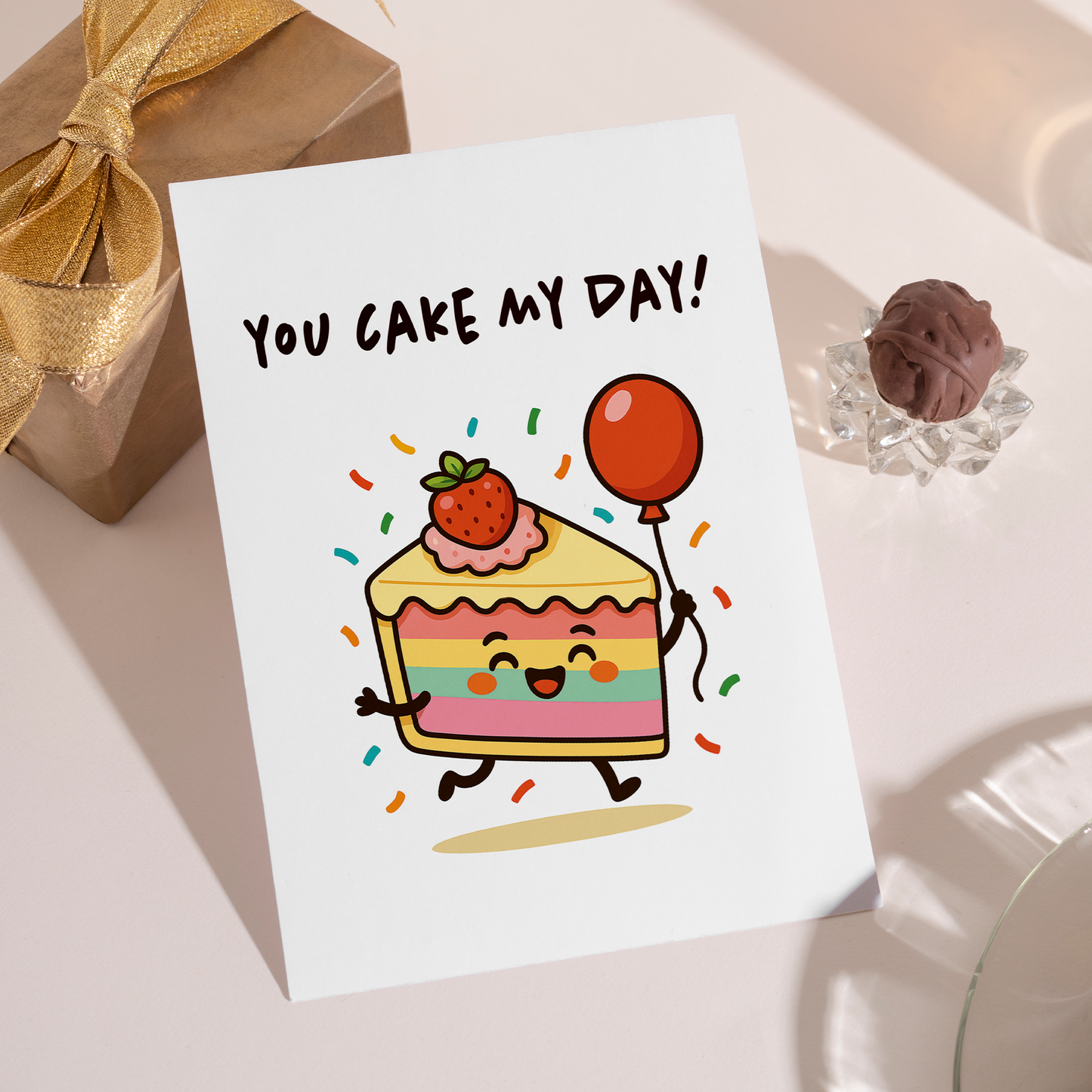 Playful birthday card design with a cute rainbow cake character, festive confetti, and a red balloon on a clean white background. The colorful illustration and sweet food pun add charm to any birthday celebration.