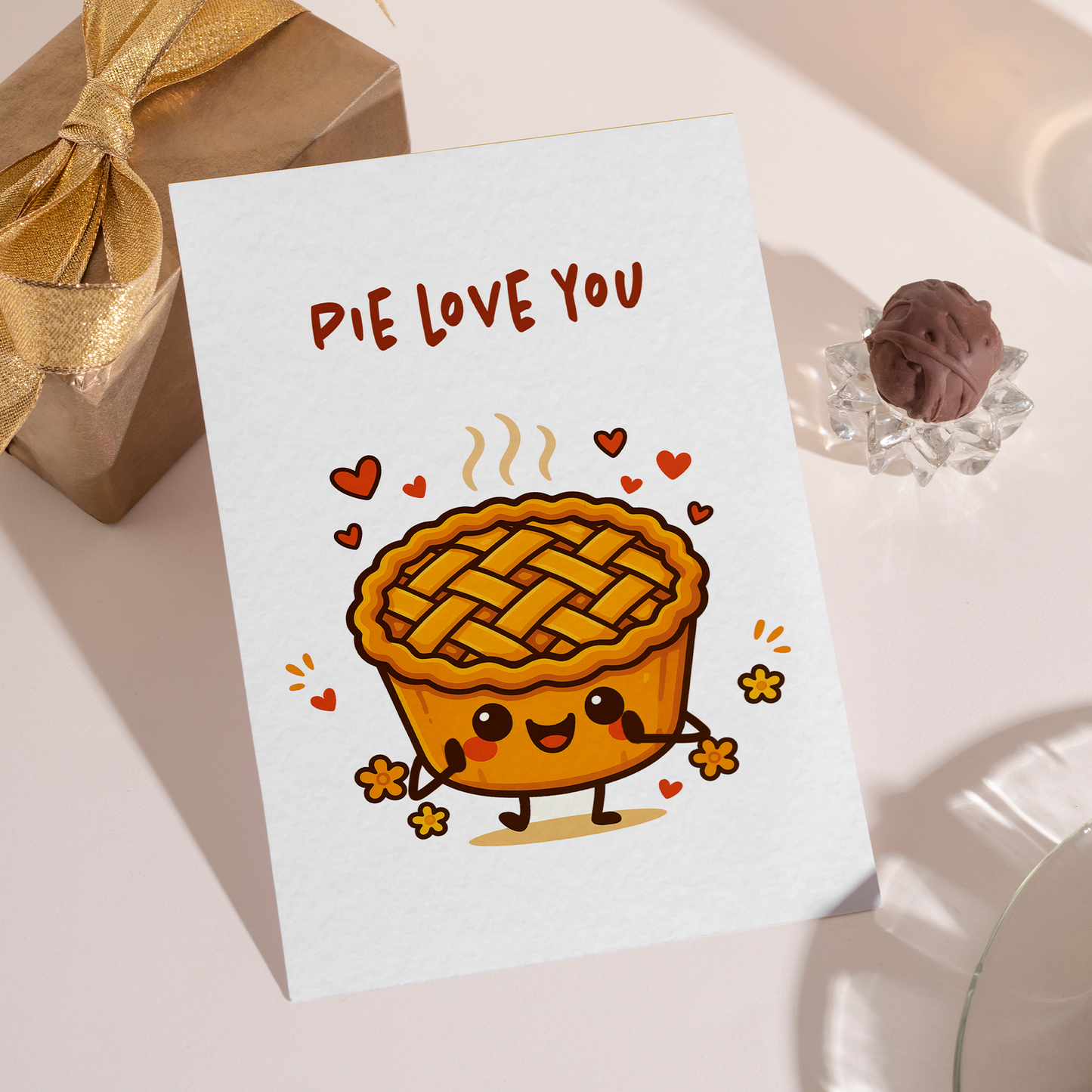 Whimsical love card featuring a cute pie illustration surrounded by hearts and soft decorative elements. The warm tones and friendly expression make the card feel affectionate and fun.