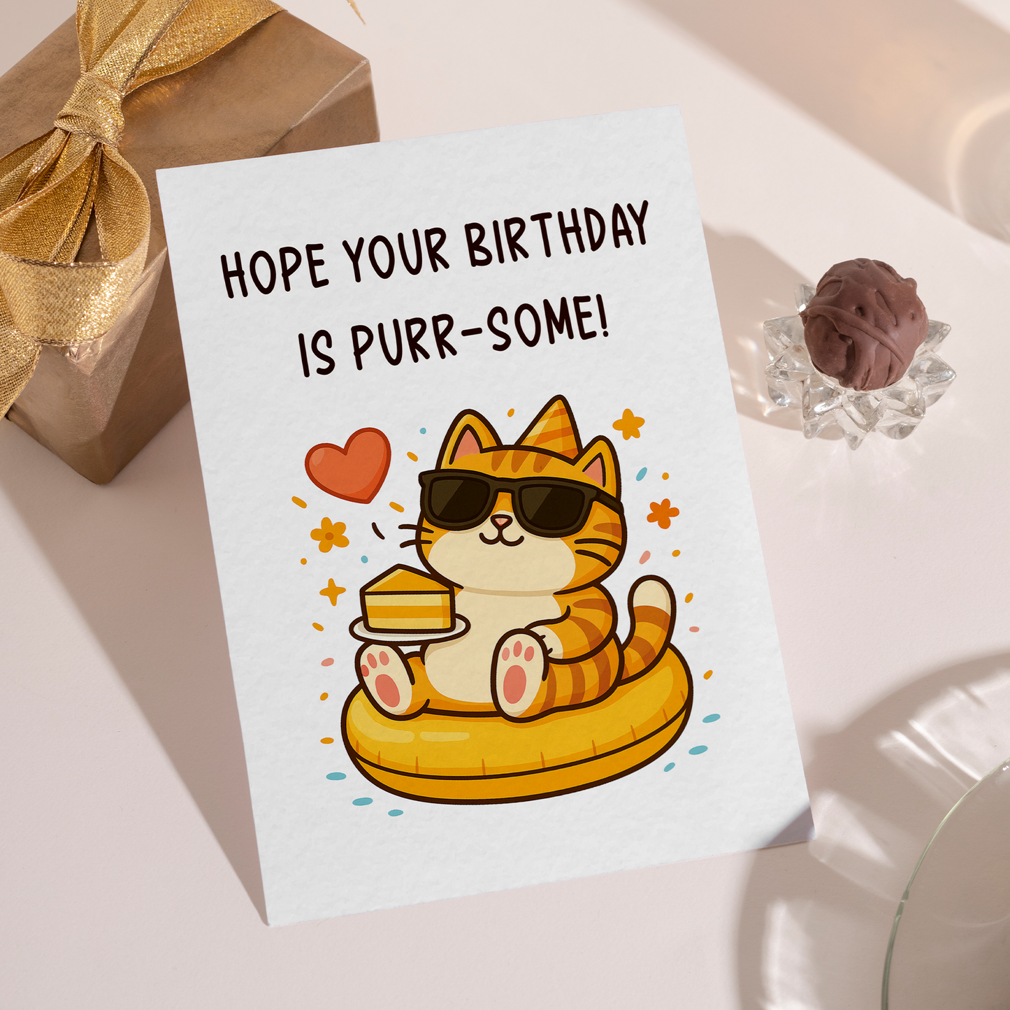 Cute illustrated birthday card with a laid-back cat enjoying cake and wearing sunglasses. The simple composition and warm tones create a joyful and trendy feel perfect for cat lovers.