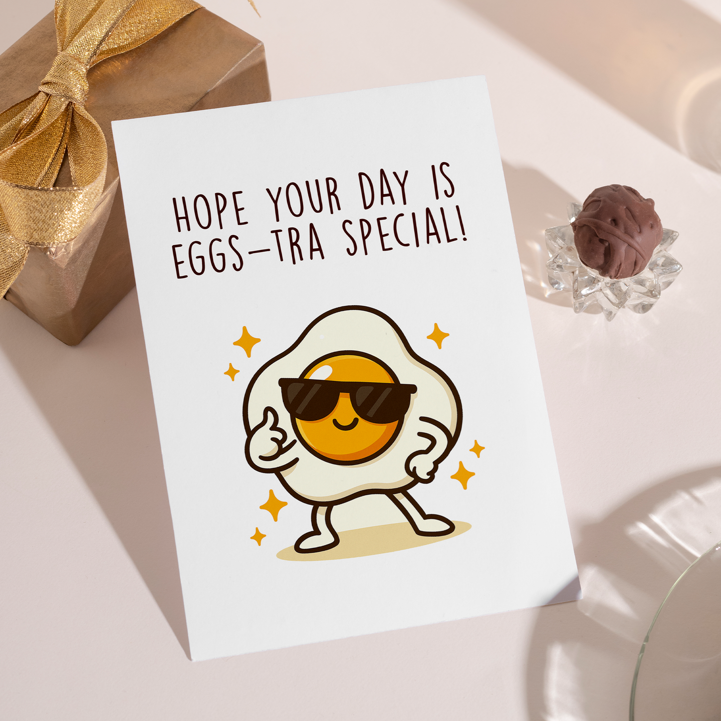 Fun pun-themed card featuring a stylish sunny-side-up egg character surrounded by sparkles. The playful design and friendly expression make this card feel confident, happy, and positive.