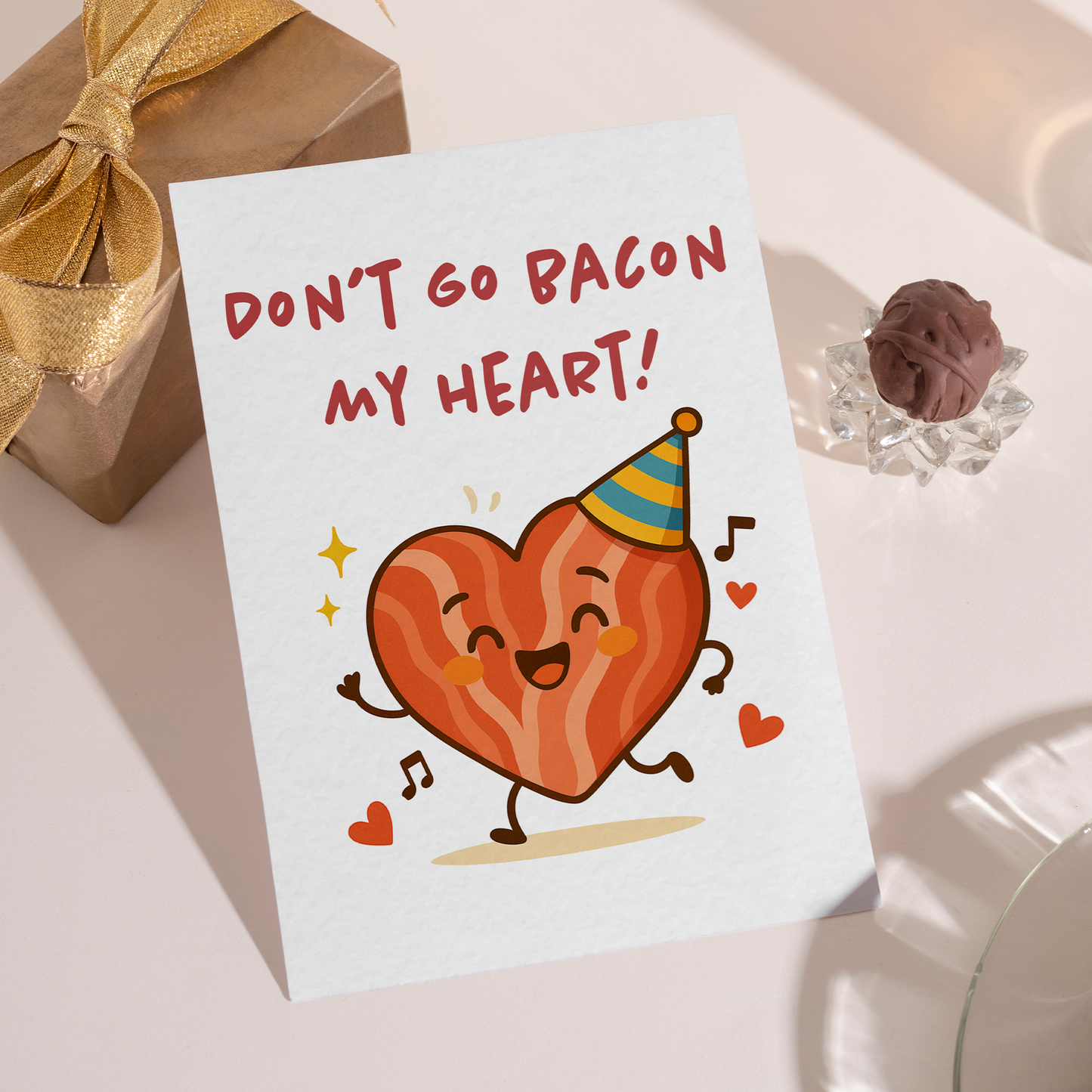 Whimsical greeting card featuring a bacon heart character surrounded by hearts and sparkles. This cute pun card is ideal for expressing affection in a fun way.