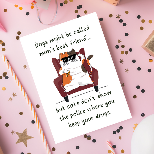 Humorous cat greeting card showing a chubby illustrated cat lounging in an armchair with sunglasses and attitude. The playful quote highlights cat loyalty and independence, making it ideal for fans of witty and sarcastic designs.