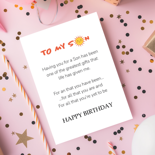 To my son birthday card with heartfelt typography and a soft sun graphic at the top. The minimal layout creates an emotional and meaningful keepsake for sons of any age.