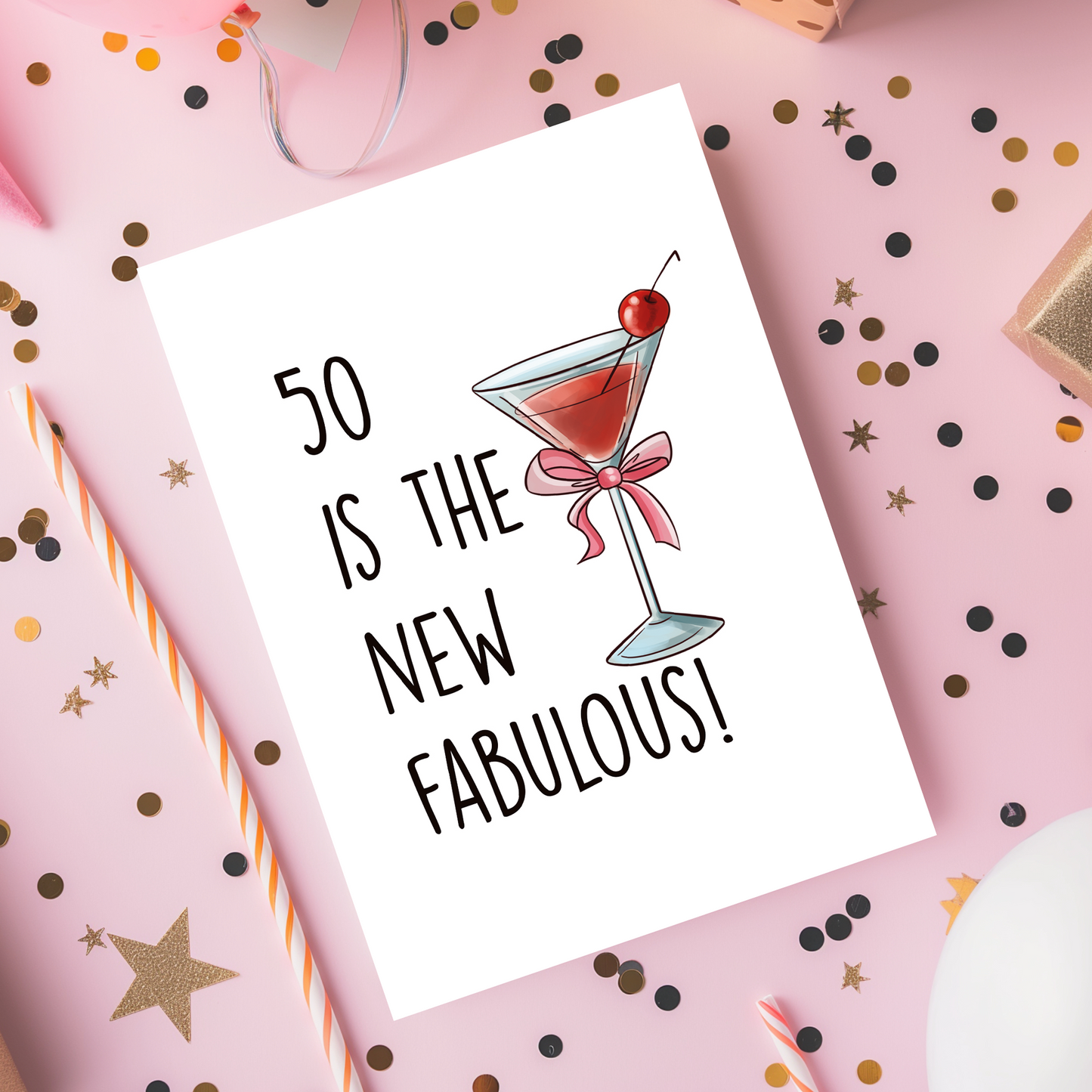 Chic milestone birthday card designed for women who love classy humor and modern illustrations. A fun way to toast to fifty years fabulous.