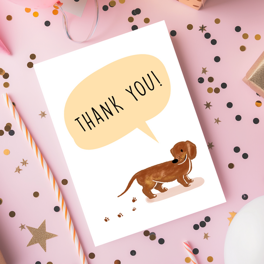 Playful thank you greeting card with a charming dog illustration on a clean white background. Perfect for expressing appreciation in a sweet and casual way.