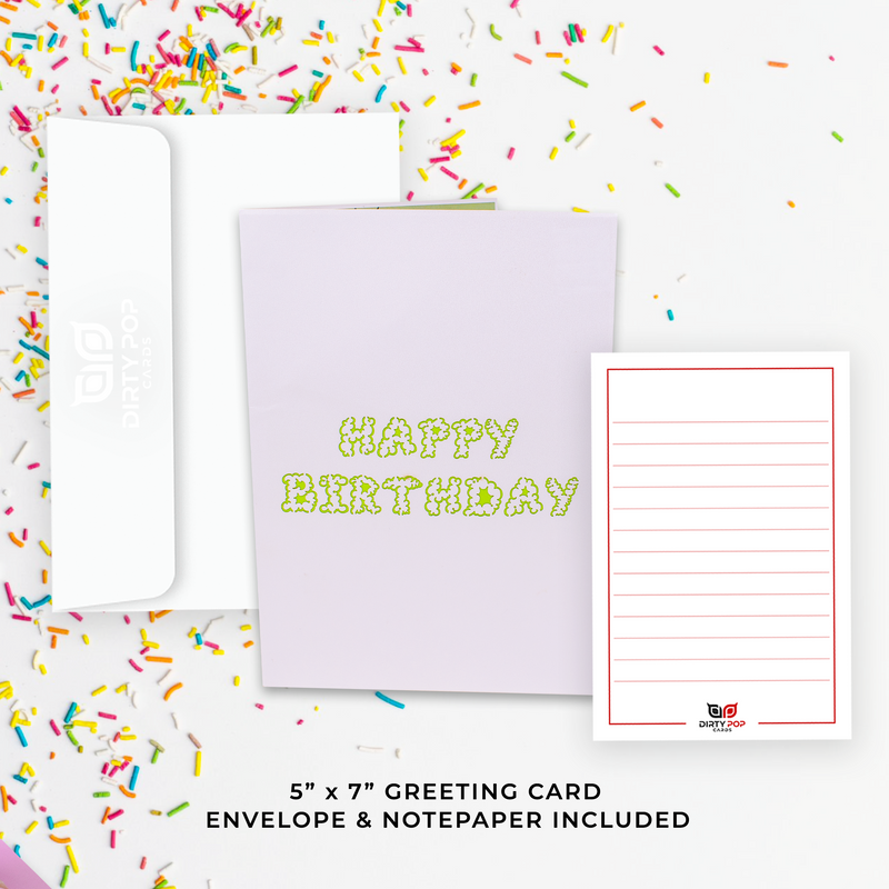A vibrant green happy birthday card with a gassy font that reads HAPPY BIRTHDAY. Celebrate in style!