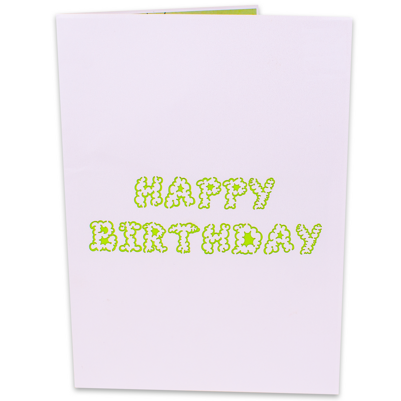 Celebrate with a cheerful green birthday card featuring a gassy font that spells out HAPPY BIRTHDAY. Perfect for a special day!