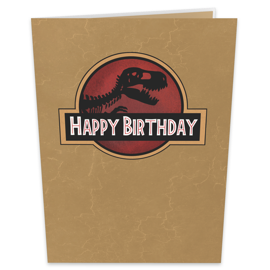 A birthday card with a beige textured background featuring a red circle with a black T-Rex skeleton silhouette inside it. The words Happy Birthday are written in bold, white text across the center.