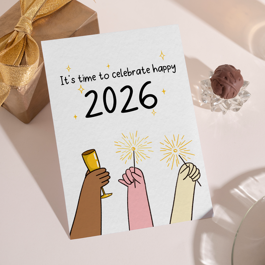Festive New Year card featuring diverse hands celebrating with sparklers and a toast. The design conveys happiness, inclusivity, and excitement for 2026.