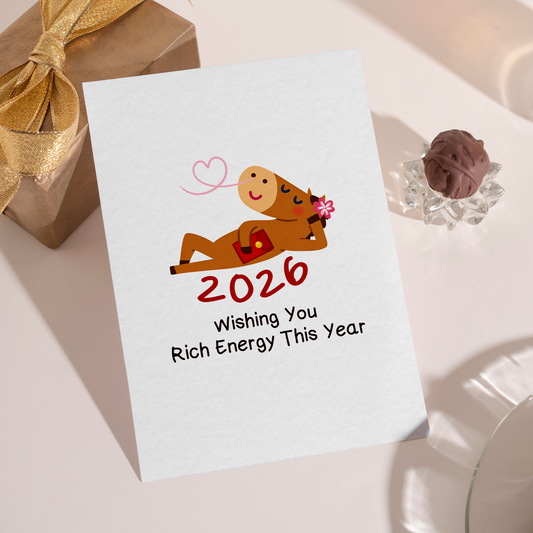 Cute illustrated Lunar New Year card showing a lounging zodiac character holding a red envelope marked for prosperity. The minimal design and cheerful expression symbolize rich energy and abundance in the new year.