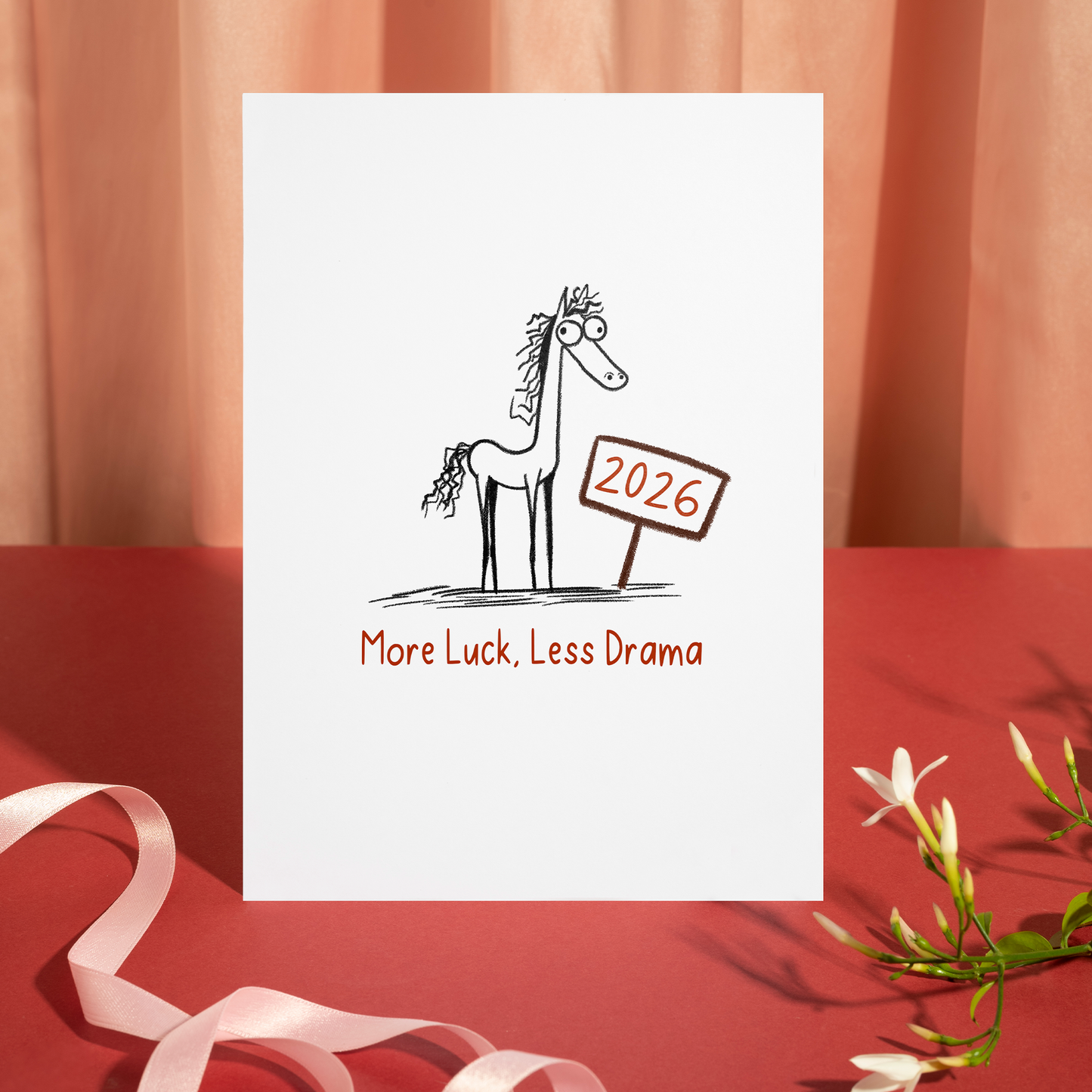 Playful New Year card with a cartoon horse standing calmly beside a 2026 sign. The design delivers a lighthearted wish for luck, peace, and fewer stressful moments.