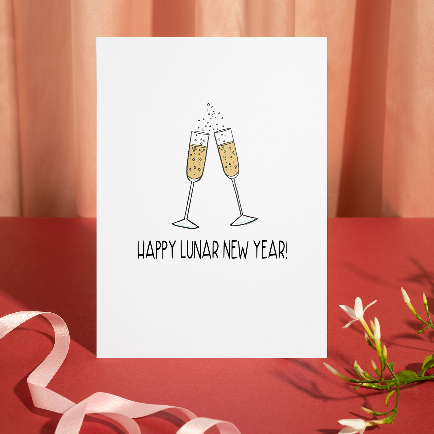 Modern Lunar New Year card featuring clinking champagne glasses with floating bubbles. The illustration expresses happiness, prosperity, and cheerful New Year wishes.
