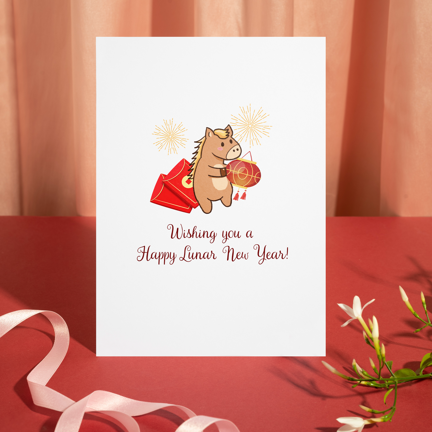 Charming New Year card with a happy horse holding traditional Lunar New Year symbols. The design represents good fortune, joy, and heartfelt wishes for the year ahead.
