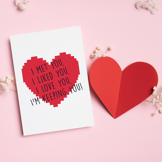 I’m Keeping You is a sweet and heartfelt card that celebrates choosing each other, again and again. With a bold red heart and a simple message about love that grows over time, this card is perfect for Valentine’s Day or any moment you want to say I love you, and I’m not letting go.