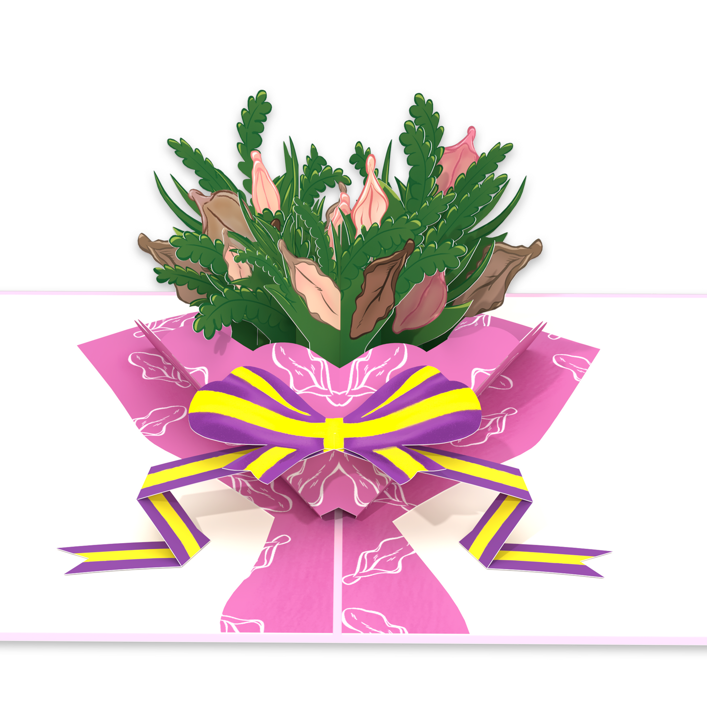 A 3D pop-up card with a bouquet design featuring green leaves and stylized pink and brown flowers, wrapped in pink paper with white patterns and tied with a purple and yellow ribbon