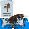 A 3D pop-up card with a humorous object resembling a sausage on a blue background, alongside a light blue greeting card that reads YOUR PACKAGE HAS ARRIVED! with an illustrated mailbox.