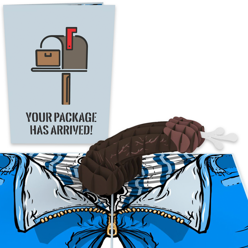 A 3D pop-up card with a humorous object resembling a sausage on a blue background, alongside a light blue greeting card that reads YOUR PACKAGE HAS ARRIVED! with an illustrated mailbox.