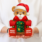 Teddy bear wearing a Santa hat and holding a gift box with 'Merry Christmas' tags, held by a person.