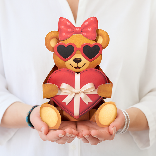 Teddy bear with heart-shaped sunglasses and a gift box held by hands against a white background