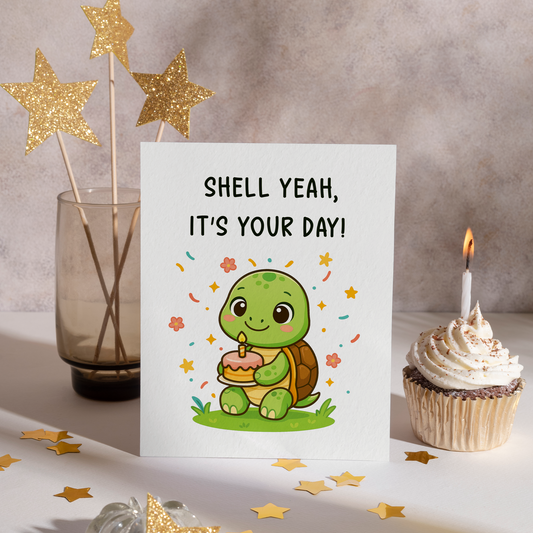 Adorable turtle-themed birthday card featuring a green turtle sitting on grass and celebrating with a cake. The gentle colors and playful details make the design feel warm and friendly