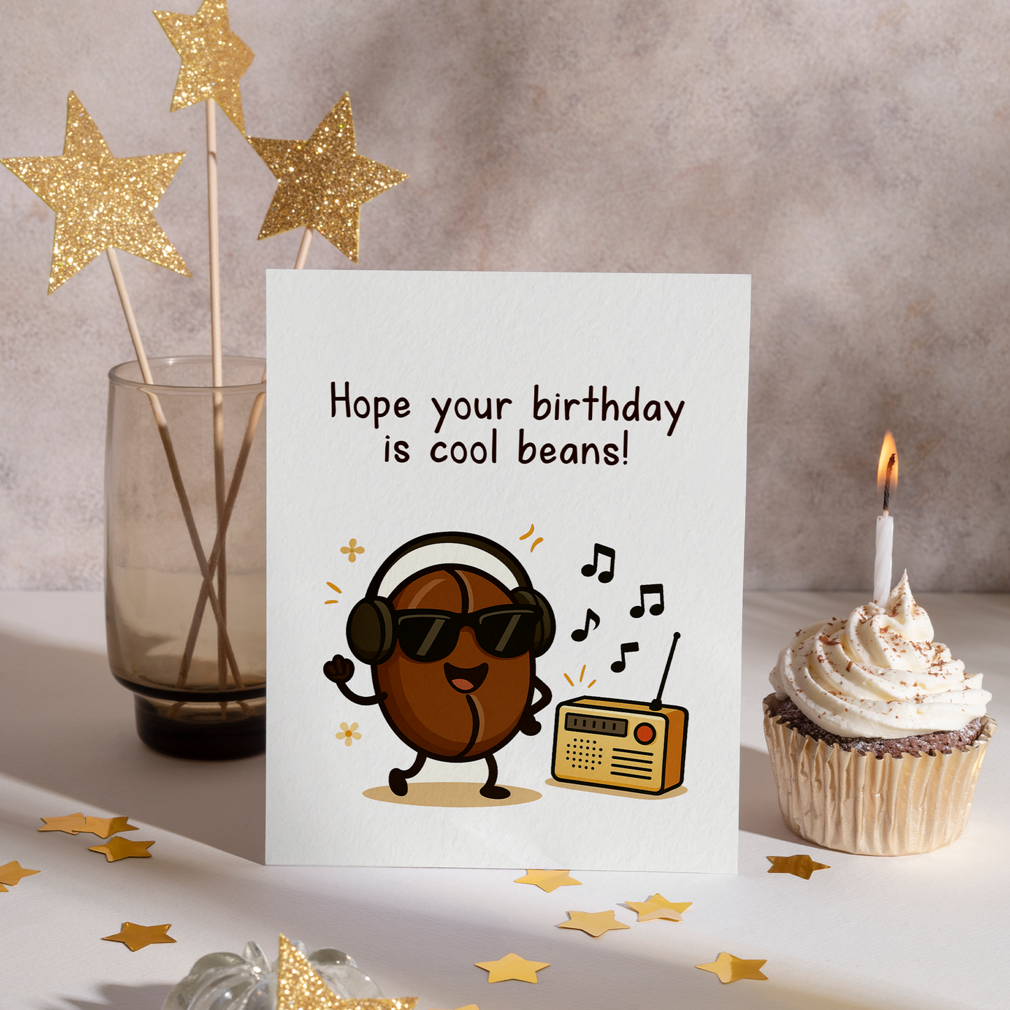 Funny birthday greeting card with a cartoon coffee bean character enjoying music and dancing happily. The cute design and pun phrase make it perfect for coffee lovers and lighthearted celebrations.