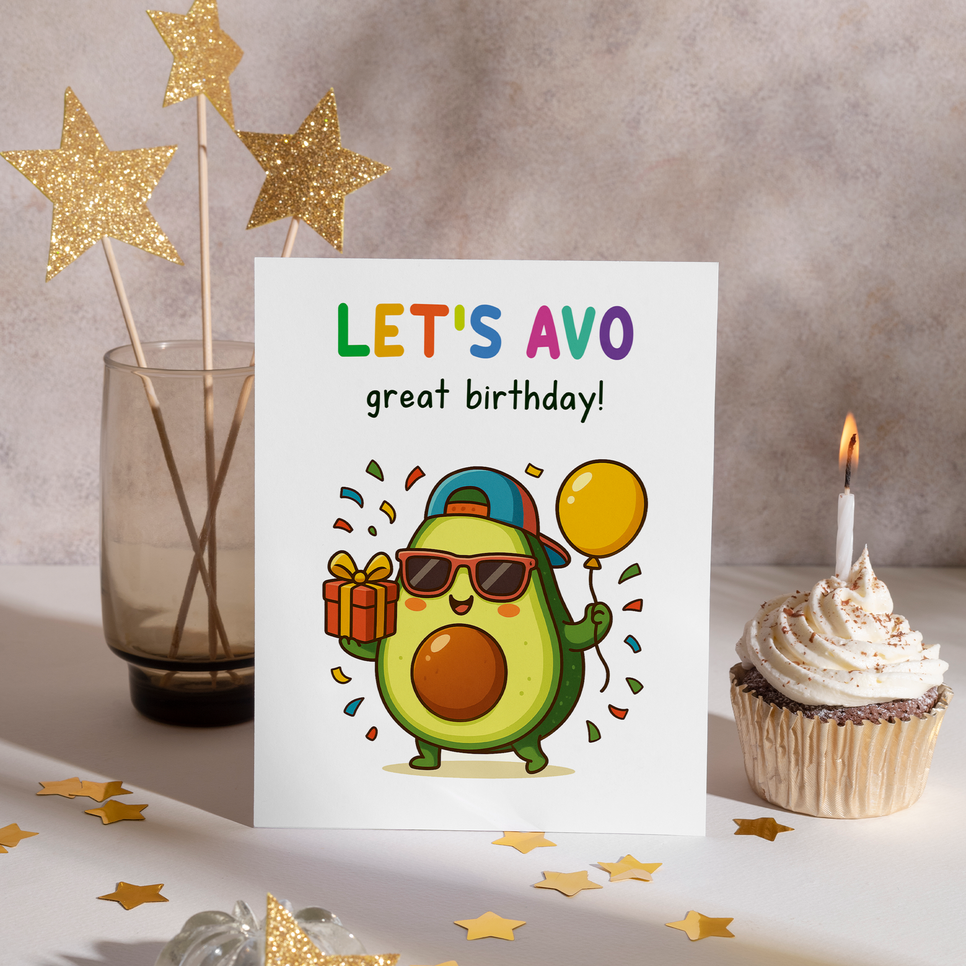 Cute illustrated birthday card with a cool avocado character dressed in sunglasses and surrounded by colorful confetti. The bright design and avocado pun make it perfect for a fun, modern birthday celebration