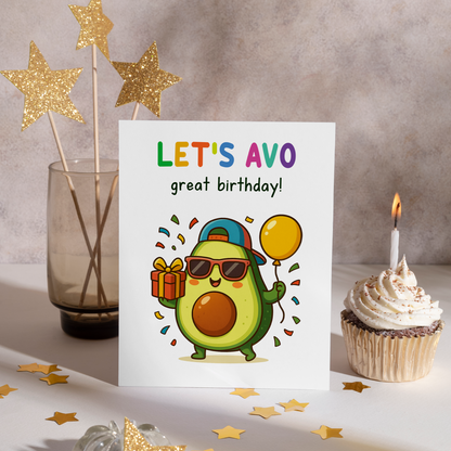 Cute illustrated birthday card with a cool avocado character dressed in sunglasses and surrounded by colorful confetti. The bright design and avocado pun make it perfect for a fun, modern birthday celebration