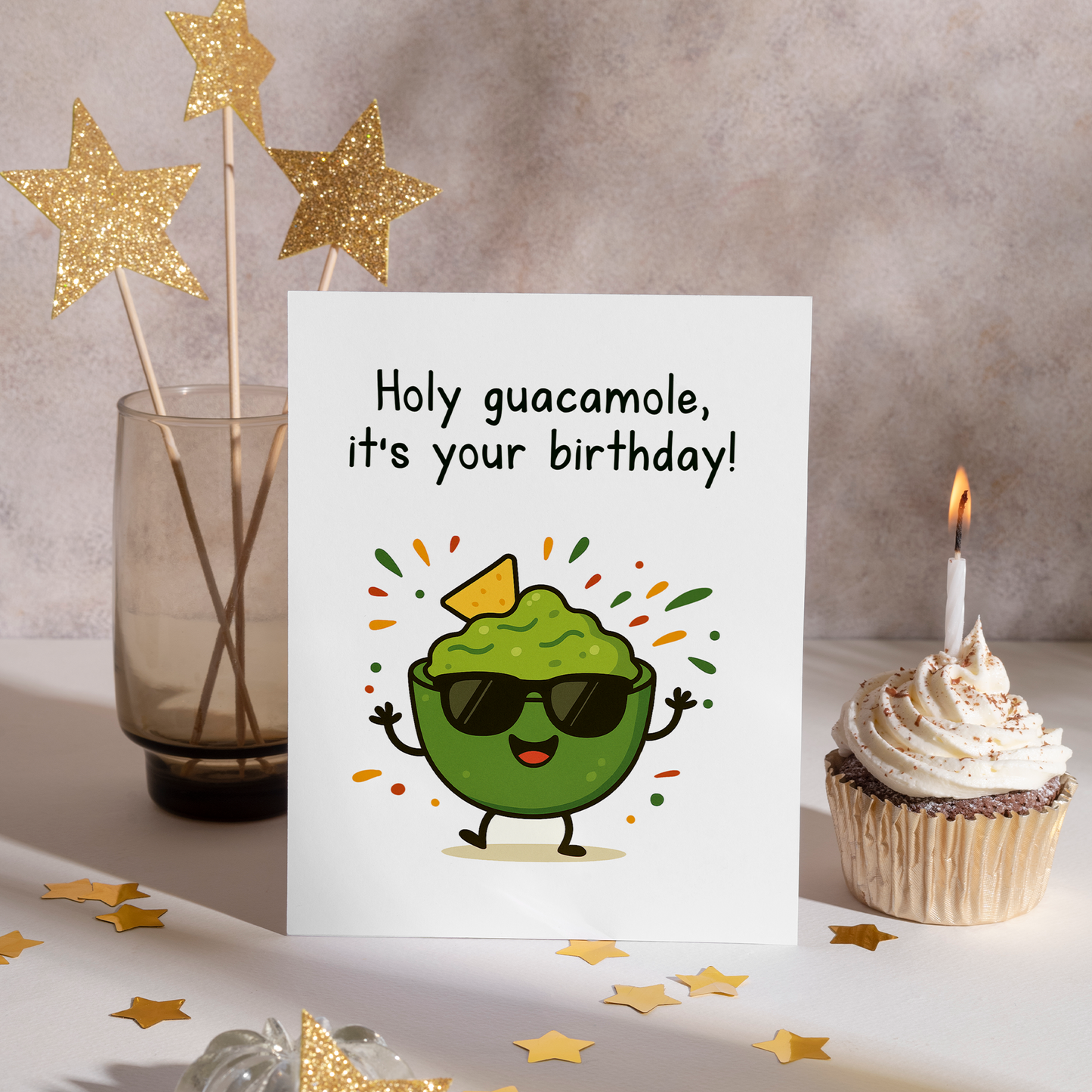 Cute illustrated birthday card showing a cool guacamole character with sunglasses and raised arms. The bright green color and food pun design make this card feel fun, modern, and cheerful.