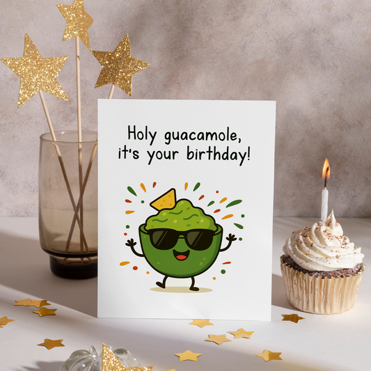 Cute illustrated birthday card showing a cool guacamole character with sunglasses and raised arms. The bright green color and food pun design make this card feel fun, modern, and cheerful.