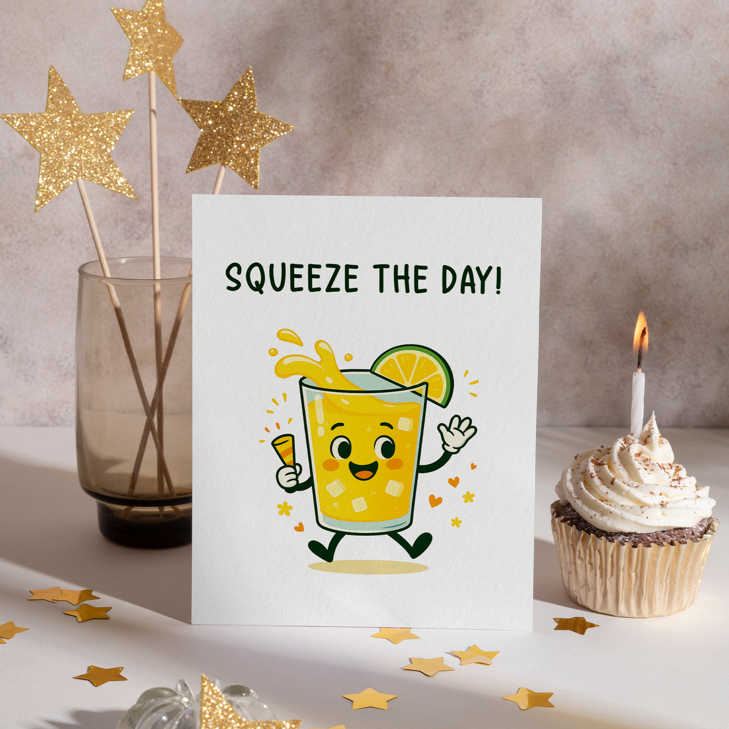 A joyful lemonade character waving and holding a small drink, surrounded by hearts and sparkles, under the message “Squeeze the Day.” This lighthearted greeting card features warm colors and a friendly design that feels uplifting, sweet, and ideal for sending good vibes.