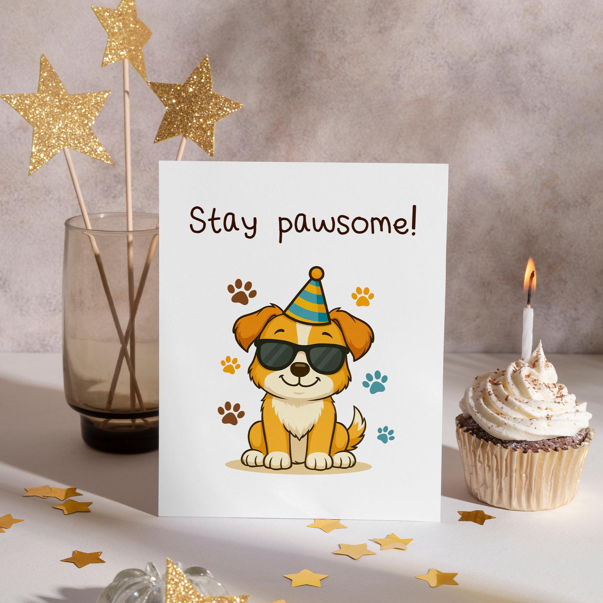 Adorable illustrated card showing a happy puppy sitting proudly in sunglasses and a party hat. The warm colors and paw print details create a joyful and friendly mood perfect for dog lovers.