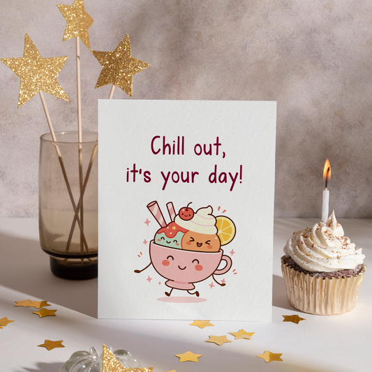 Adorable pastel dessert character dancing happily with ice cream scoops and sweet details. The illustration creates a fun and calming mood, ideal for a birthday or just-because card.