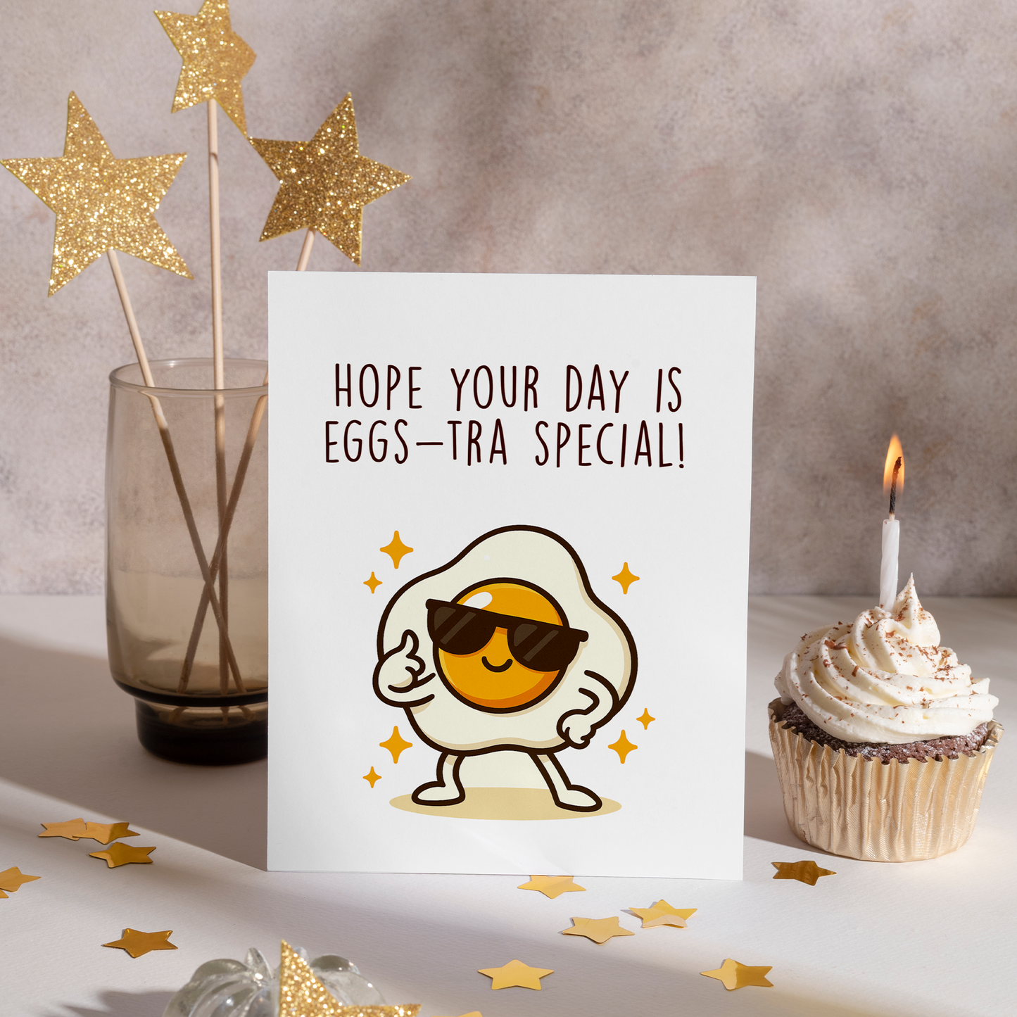 Cute illustrated card showing a cool egg character with sunglasses and a thumbs-up pose. The bright yellow yolk and bold pun make this card feel upbeat and celebratory.