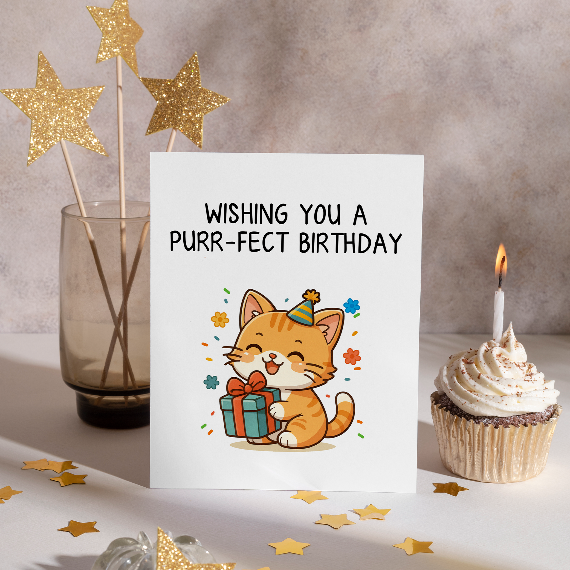 Adorable illustrated cat birthday card with a smiling kitten holding a present and surrounded by colorful confetti. The purr-fect birthday message makes this card ideal for cat lovers and fun celebrations.