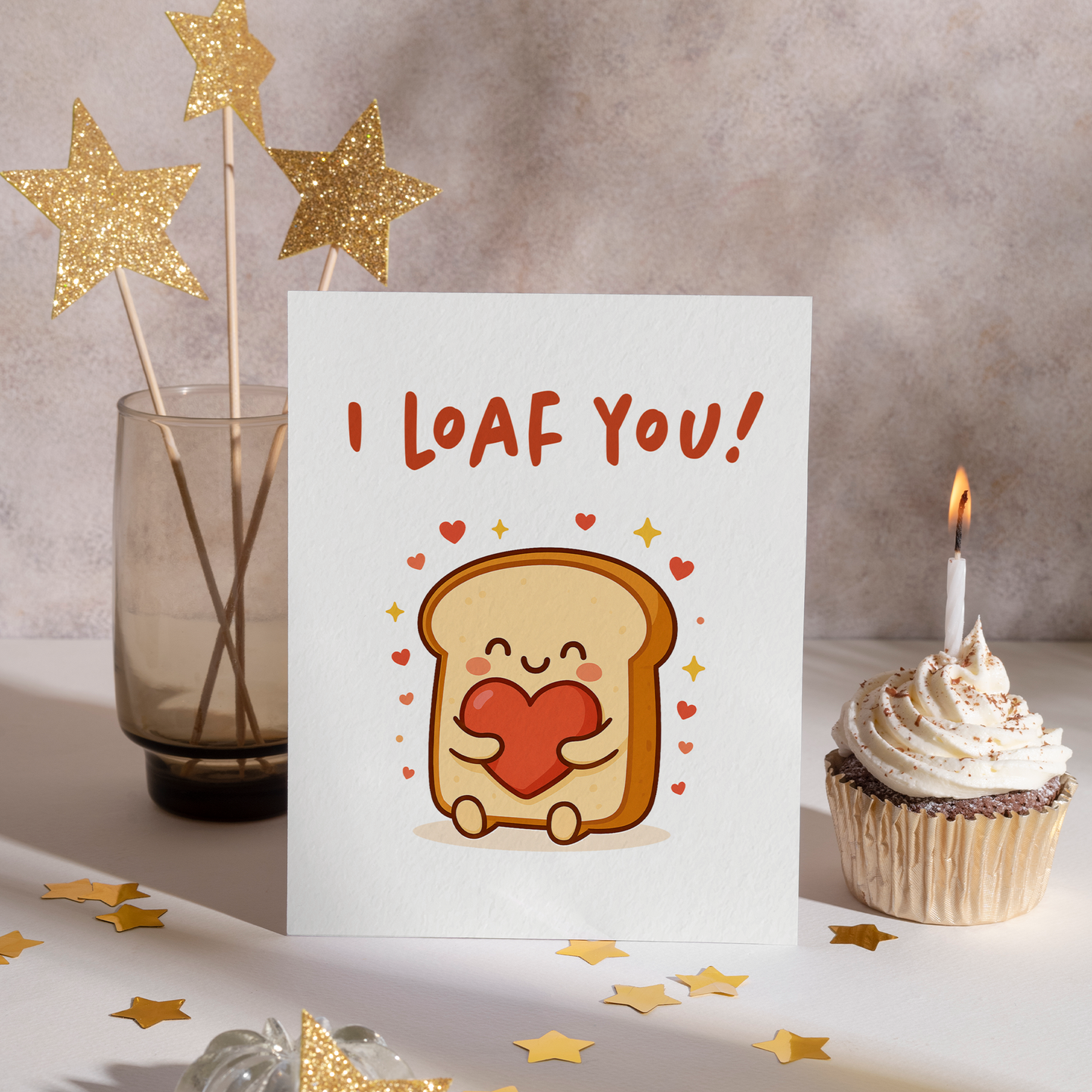 Smiling bread character hugging a heart in a soft, playful illustration style with warm tones. This adorable card conveys love and comfort, making it ideal for a heartfelt message