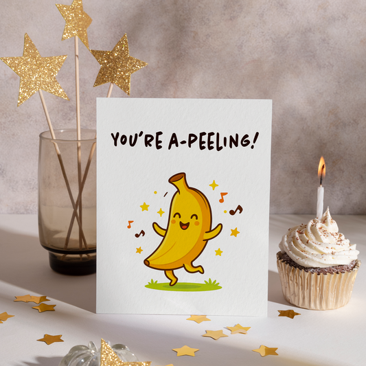Funny banana pun greeting card featuring a dancing banana with stars and music accents. The bright colors and cute style make this card ideal for women who enjoy lighthearted and joyful designs.
