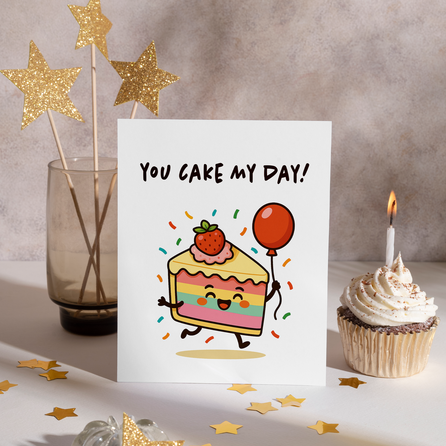 Adorable birthday greeting card featuring a happy rainbow cake slice topped with a strawberry and celebrating with a balloon. The bright pastel colors and fun design make it perfect for cheerful birthday wishes.