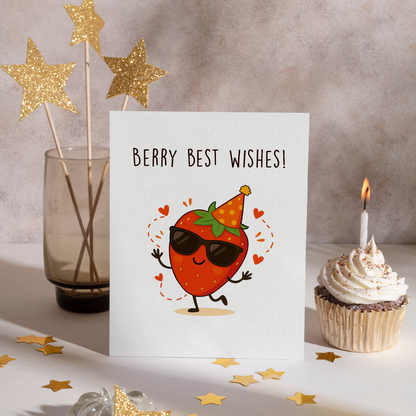Adorable berry-themed greeting card showing a happy strawberry character dancing with heart accents on a white background. The cheerful design makes it perfect for birthdays or positive messages.